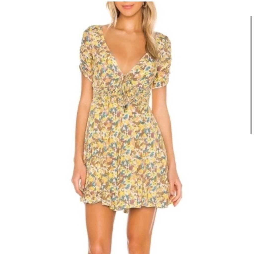Free People Yellow And Blue Puff Sleeve Sundress